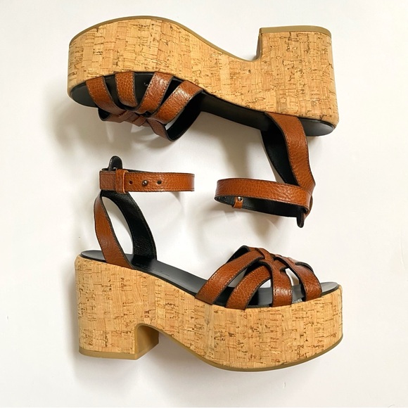 WEEKEND MAX MARA MAXMARA BROWN LEATHER STRAPS TAN CORK HEEL PLATFORM SANDALS - Picture 5 of 9